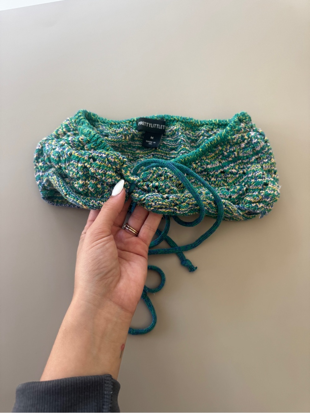 PrettyLittleThing Teal Green Multi Knit Drawstring coverup top